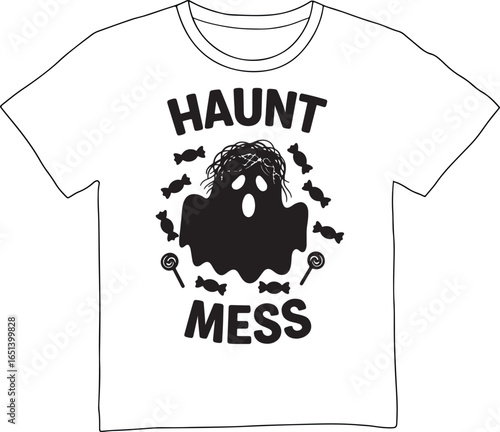 Funny halloween ghost t shirt design with text haunt mess isolated on white background