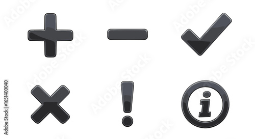 Set of Basic Math Symbols Plus Minus Multiply Divide Checkmark Information Icon isolated on transparent background