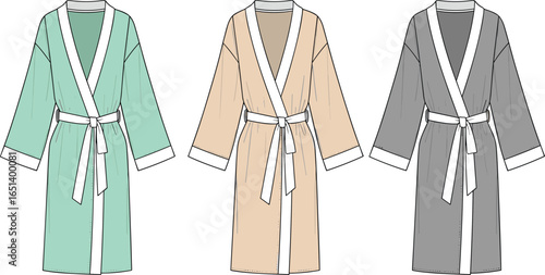 Bathrobe vector illustration, unisex robe design, long sleeve kimono robe, spa robe, home wear bath gown, cotton robe, fashion loungewear, sleepwear garment, luxury robe