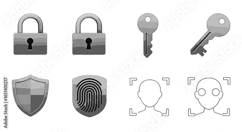 Collection of Digital Security Icons Representing Access Protection Privacy and Biometric Authentication Isolated on Transparent Background