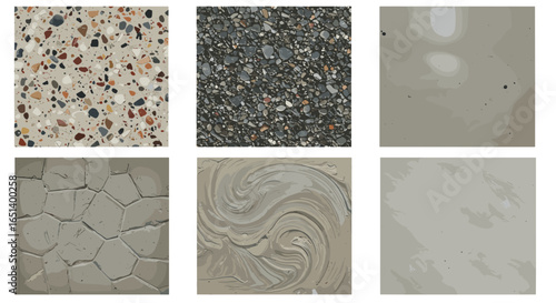 Collection of Six Diverse Concrete and Stone Textures for Architectural and Design Projects Isolated on Transparent Background