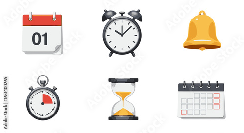 Timeless Collection Of Timekeeping Icons Calendar Stopwatch Alarm Bell Hourglass Isolated on Transparent Background