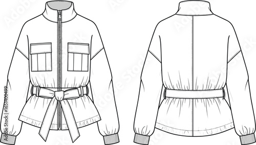 Fashion jacket flat sketch, belted coat design, stylish outerwear illustration, women’s zip jacket template, front and back technical drawing, apparel design sketch, clothing fashion template