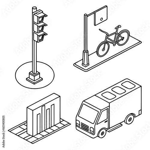 Isometric city elements traffic light bicycle van and building outline vector illustration design art