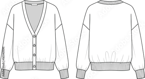 Women’s cardigan flat sketch, button front sweater, V-neck knitwear, long sleeve cardigan design, casual fashion apparel, clothing template illustration, trendy knit sweater drawing