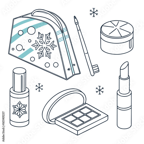 Winter beauty kit outline vector illustration with makeup bag lipstick and eyeshadow palette for coloring book
