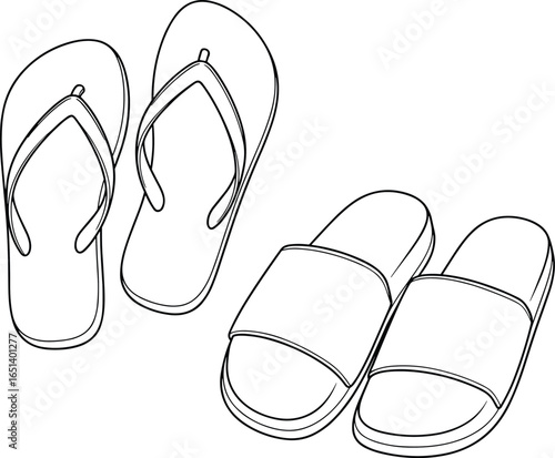 Flip flops and sliders sandals flat sketch, summer footwear design, casual beach shoes template, fashion technical drawing, stylish sandals illustration, apparel accessory design, trendy footwear