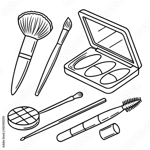 Illustration of makeup brushes and eyeshadow palette for beauty and cosmetic product visualization needs