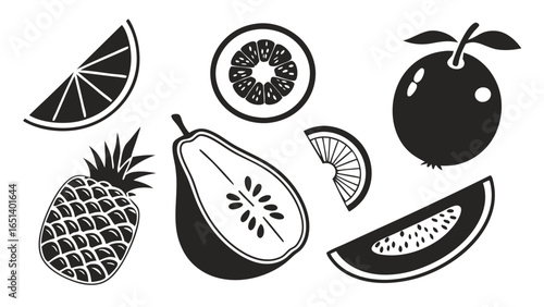 Black and White Vector Illustration of Various Sliced Tropical Fruits on a White Background for Design