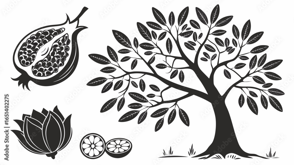 Fototapeta premium Elegant Black and White Vector Illustration Featuring a Stylized Tree Pomegranate Lotus Flower and Sliced Citrus Fruit