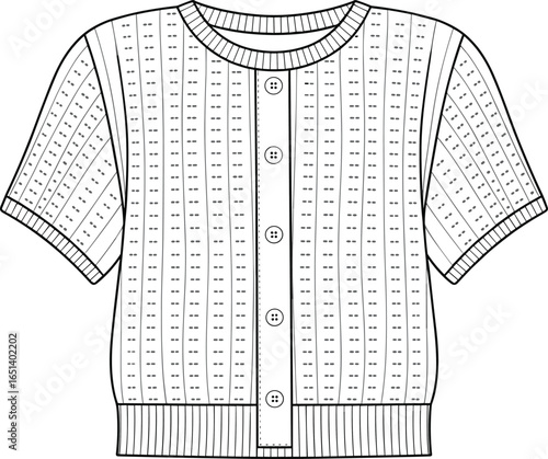 Women’s short sleeve cardigan flat sketch, knitted button sweater design, stylish fashion top, casual knitwear clothing template, apparel technical drawing, garment illustration, trendy outfit design