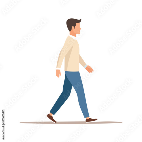 Young man walking in casual wear, side view profile. Flat vector character illustration with a clean, minimalist design style.