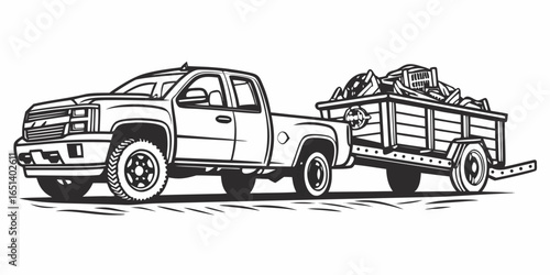 Bold pickup truck hauling wood trailer with vector line art design