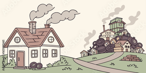 Homes stand in contrast reflecting pollution issues and carbon footprint
