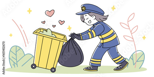 Delightful sanitation worker collecting trash with love and care illustration