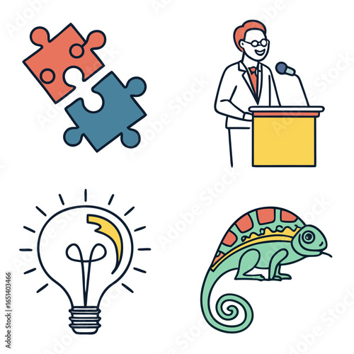 Illustration of puzzle pieces, speaker, lightbulb, and a chameleon image