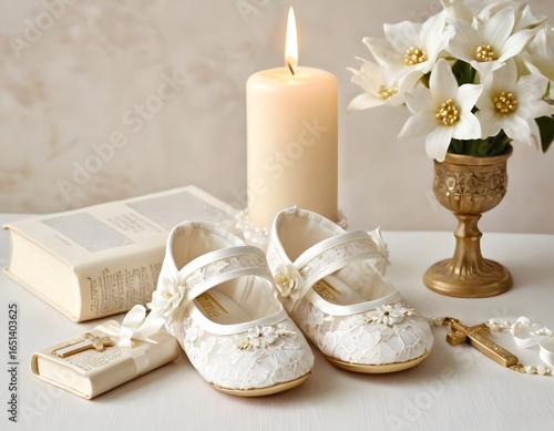 Christening accessories flat lay for baptism invitations and religious greeting cards