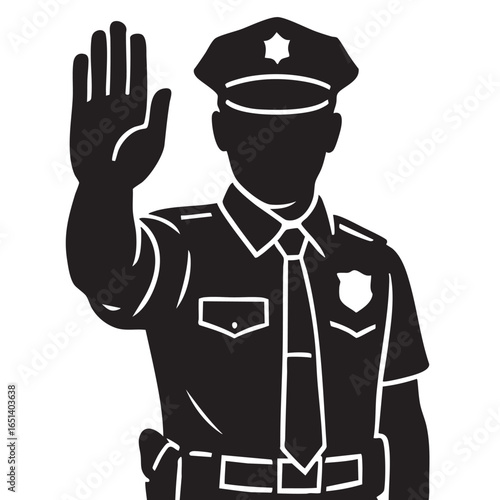 Black and White Silhouette of a Police Officer Holding Up Hand to Stop Traffic black