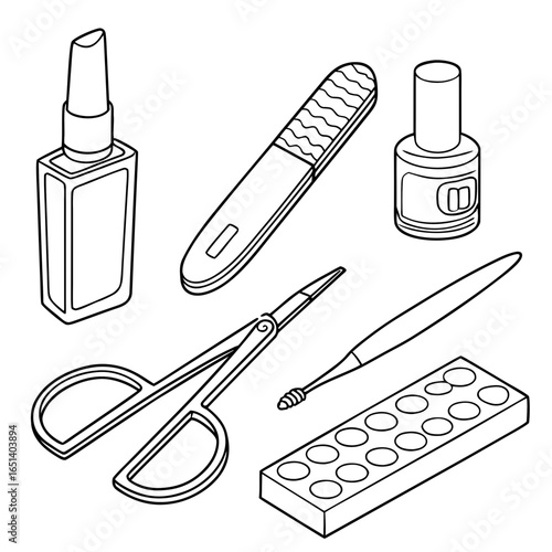 Illustration of manicure tools including scissors nail file and polish