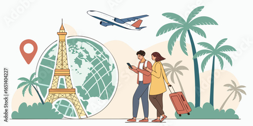 Travel couple excitedly planning vacation in Paris, tropical getaway soon