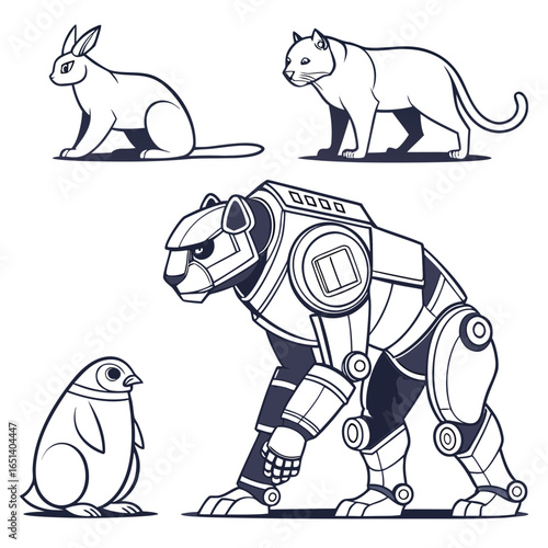 Illustration of a rabbit, cat, penguin, and a robotic panther outline