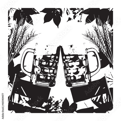 Two beer mugs clinking with hops, barley and leaves in black and white Oktoberfest