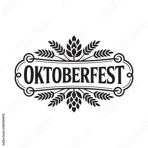 Oktoberfest text with ornamental border and hop and barley elements lettering typography