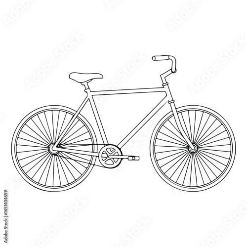 Black and white line drawing of a bicycle with thin spokes and a simple frame bike cycling