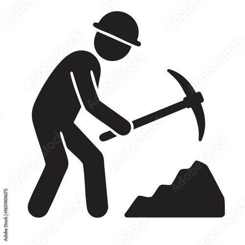 Silhouette of a Construction Worker Digging with a Pickaxe Wearing a Hard Hat on a White Background