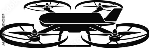 Black and white quadcopter drone silhouette, circular propeller guards, aerial photography technology icon, unmanned aircraft vector illustration, modern flying device graphic