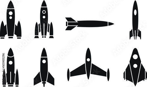 Black and white rocket and spacecraft silhouette set, various launch vehicle designs, space exploration icons, astronautics vector illustrations, astronomy and aerospace graphics