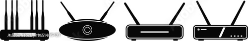 Black and white wireless router icon set, diverse antenna configurations, internet connection devices, WiFi technology symbols, modern network equipment vector illustrations