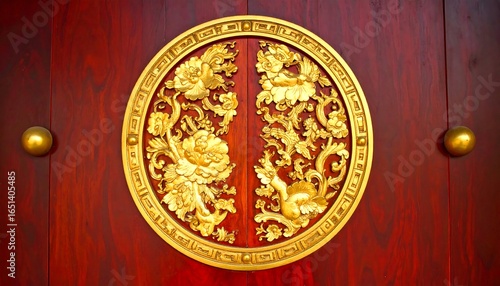 Decorative ornate gold circle on red wooden door