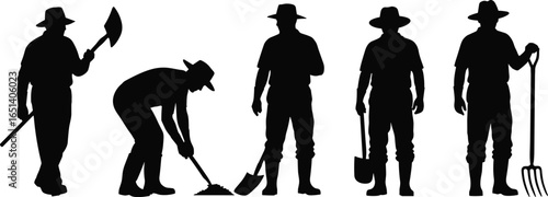 Farming silhouettes, hoe usage, shovel work, pitchfork handling, agricultural labor, rural workers, black vector illustration, hat and boots, isolated white background