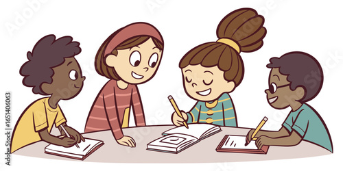 Happy Children Learning and Writing Together Around a Table