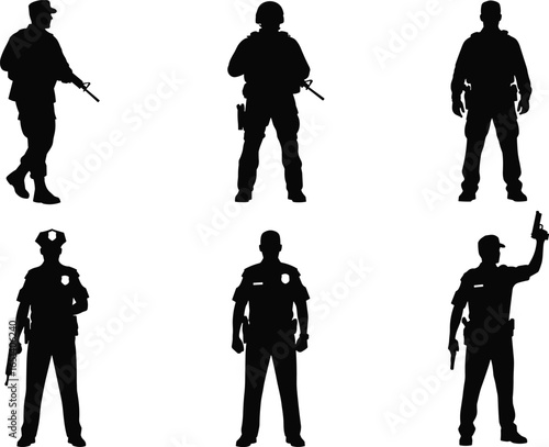 Silhouettes of armed soldiers and police officers, rifles, handguns, various poses, walking, standing, tactical gear, authority, security, law enforcement, patrol