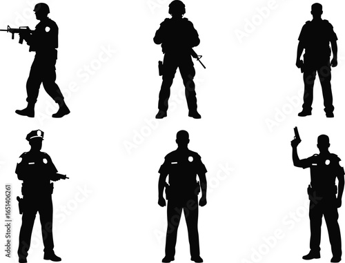 Silhouettes of armed personnel, soldiers, police, rifles, handguns, various stances, walking, standing, shooting, tactical gear, authority, security, law enforcement, patrol
