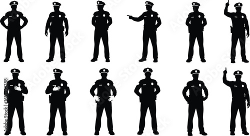 Silhouettes of police officers, various poses, standing, pointing, raising hand, uniform, hat, badge, law enforcement, authority, security, duty, gesture, stance