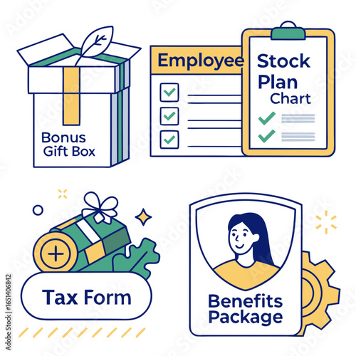 Employee benefits package stock plan chart tax form bonus gift box vector illustration and design concept