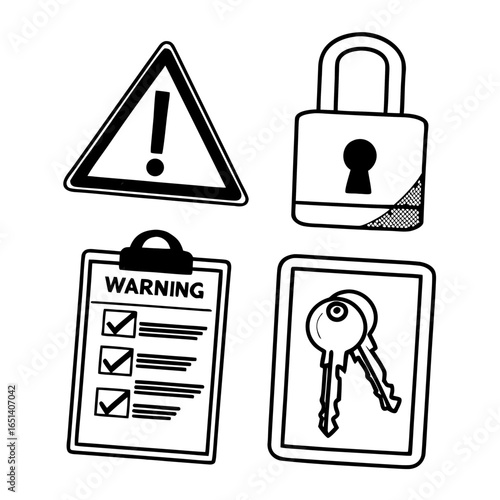 Security checklist warning sign keys and lock vector illustration for safety and precaution measures concept
