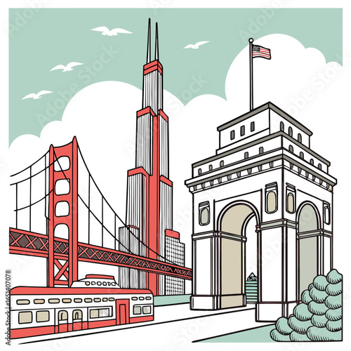 Illustration of san francisco golden gate bridge chicago skyline and triumphal arch landmark travel art