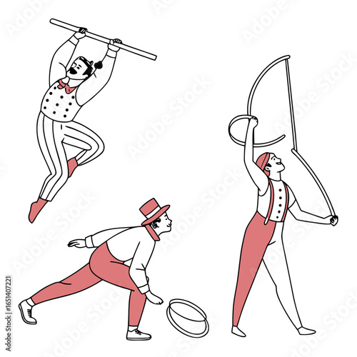 Vintage circus performers illustration featuring acrobat ringmaster and strongman in retro style drawing art
