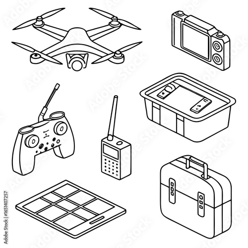 Outline drone camera controller tablet walkie talkie storage box and briefcase for technology and hobbies