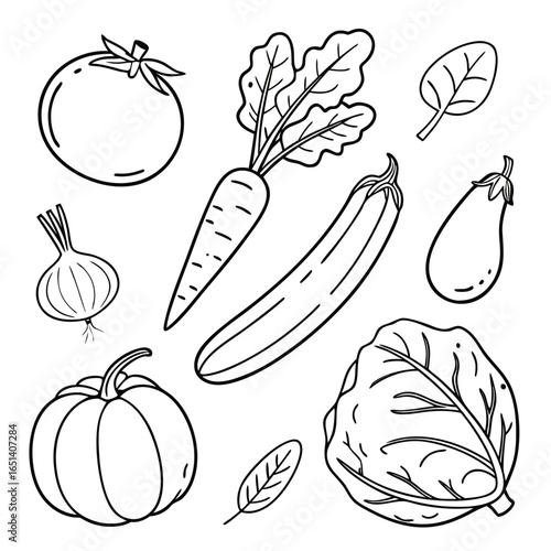 Vegetable outline clip art featuring tomato carrot eggplant pumpkin onion cabbage spinach for coloring pages