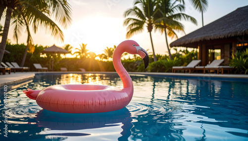Inflatable Flamingo Floating In Blue Swimming Pool During Sunset With Palm Trees and Tropical Villa