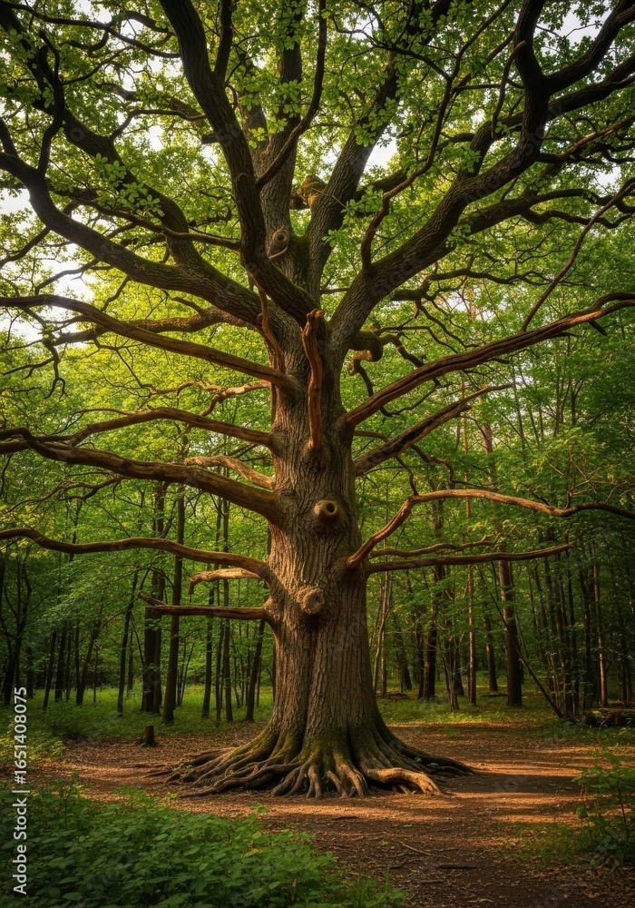Fototapeta premium Ancient Forest Guardian - A majestic oak tree stands tall, symbolizing strength, wisdom, longevity, nature's resilience, and the interconnectedness of life