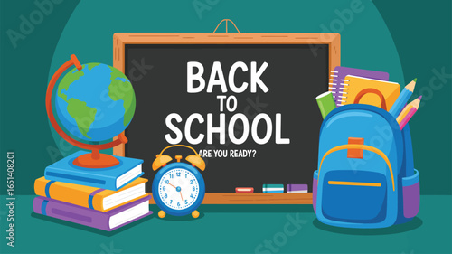 Back to school chalkboard illustration with “Are You Ready?” message, globe on books, alarm clock, and backpack filled with supplies