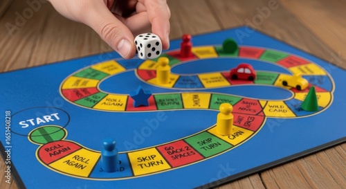 Close up of a hand rolling dice on a colorful board game