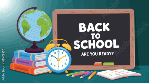 Back to school chalkboard illustration with “Are you ready?” message, globe, books, alarm clock, pencils, and notebook on teal background