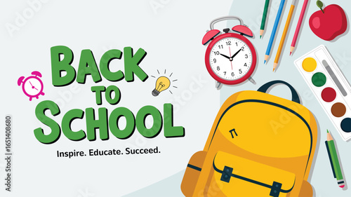 Back to school illustration with green text, yellow backpack, alarm clocks, apple, pencils, and paint palette on white background